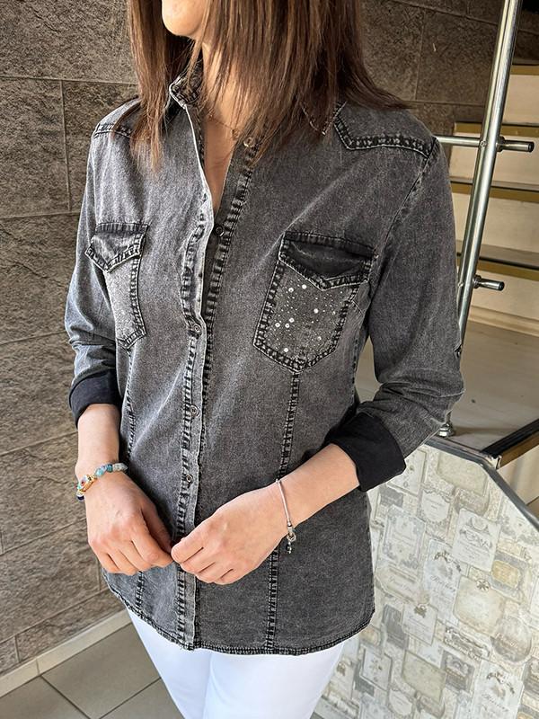 Denim pocket rhinestone jacket