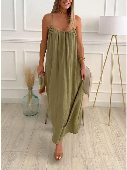 Solid Color Round Neck Cotton and Linen Dress