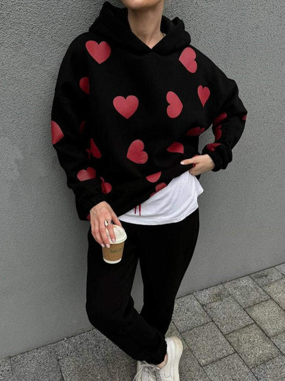 Women's Casual Heart Print Hooded Pants Set