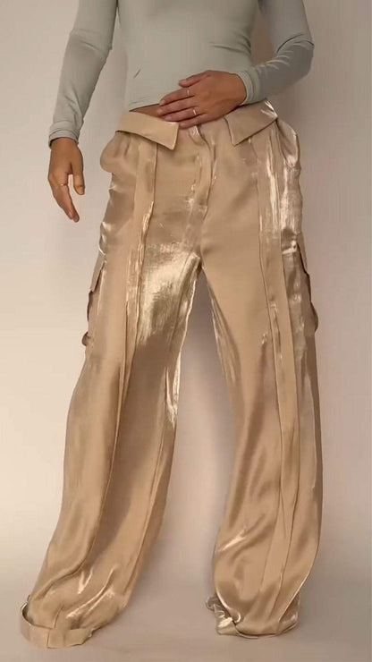 Double-pocket Satin Floor-length Trousers