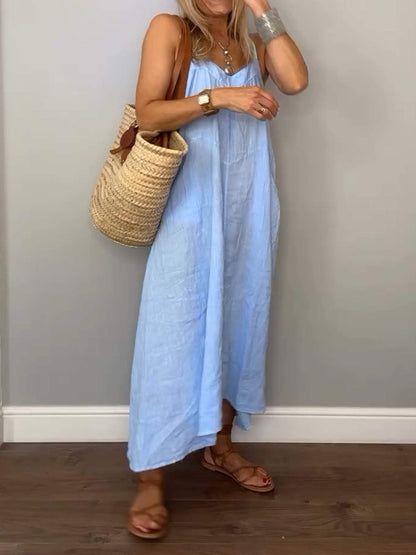 Solid Cotton and Linen Slip Dress