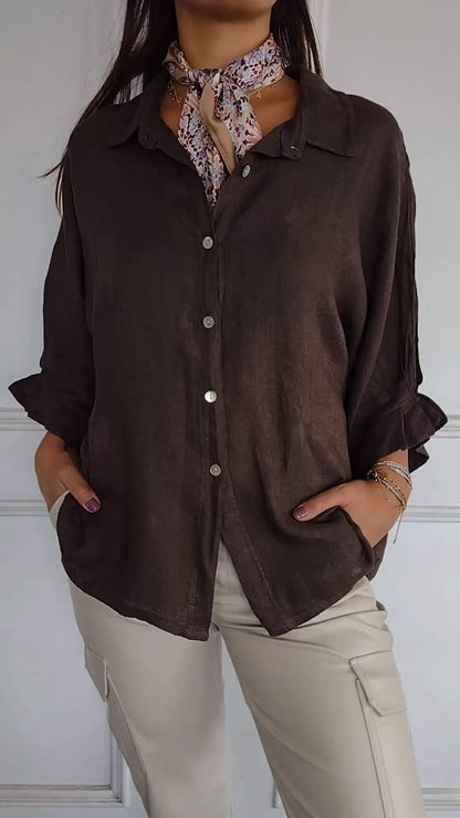 Women's Lapel Mid-sleeve Casual Cotton and Linen Top