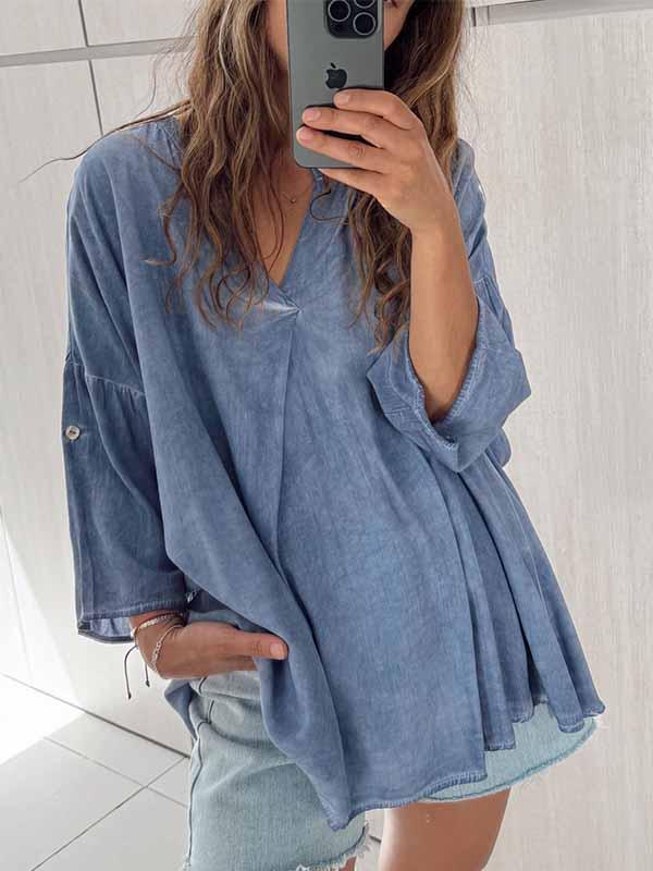 Women's V-neck Loose Cotton and Linen Top