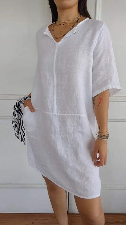 Women's V-neck Sleeve Cotton and Linen Casual Dress