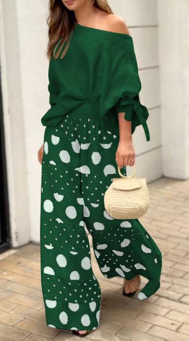 New Off-shoulder Bow Cuff Top Printed Wide Leg Pants Suit