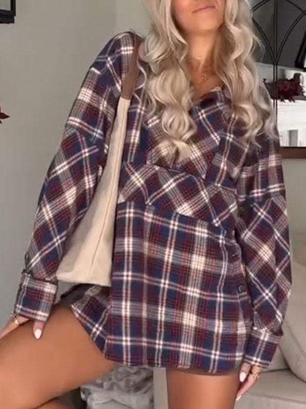 Women's Lapel Long Sleeve Plaid Top