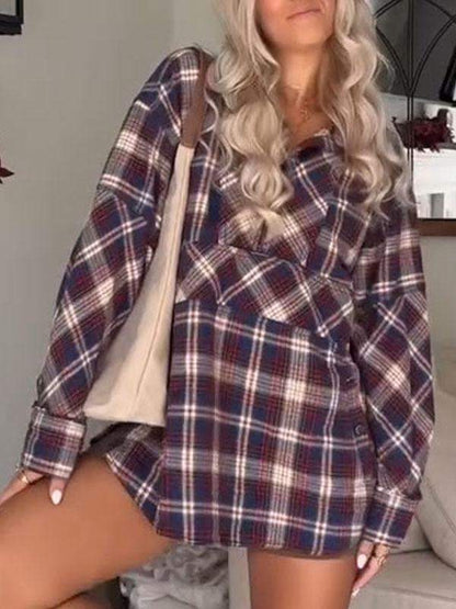 Women's Lapel Long Sleeve Plaid Top