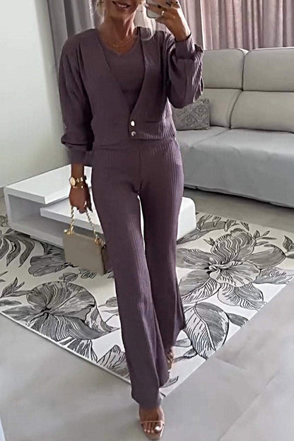 Women's Solid Color Cardigan Top Vest & Slightly Flared Pants Three-piece Set