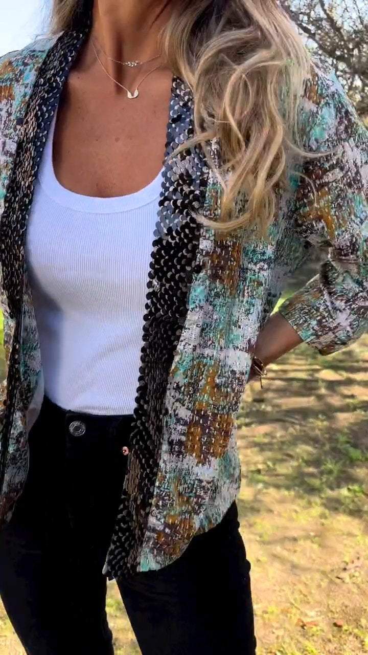 Sequin Patchwork Printed Cardigan