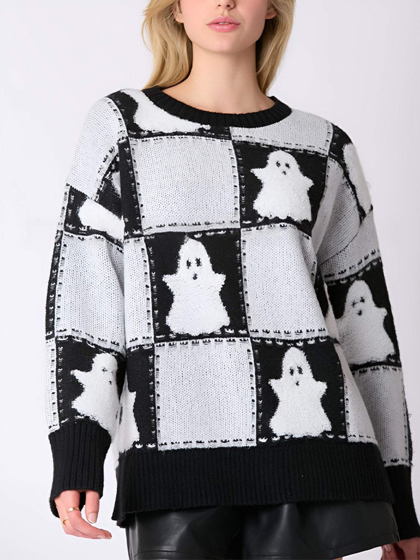 Women's Round-neck Halloween Ghost Plaid Pullover Knitted Sweater