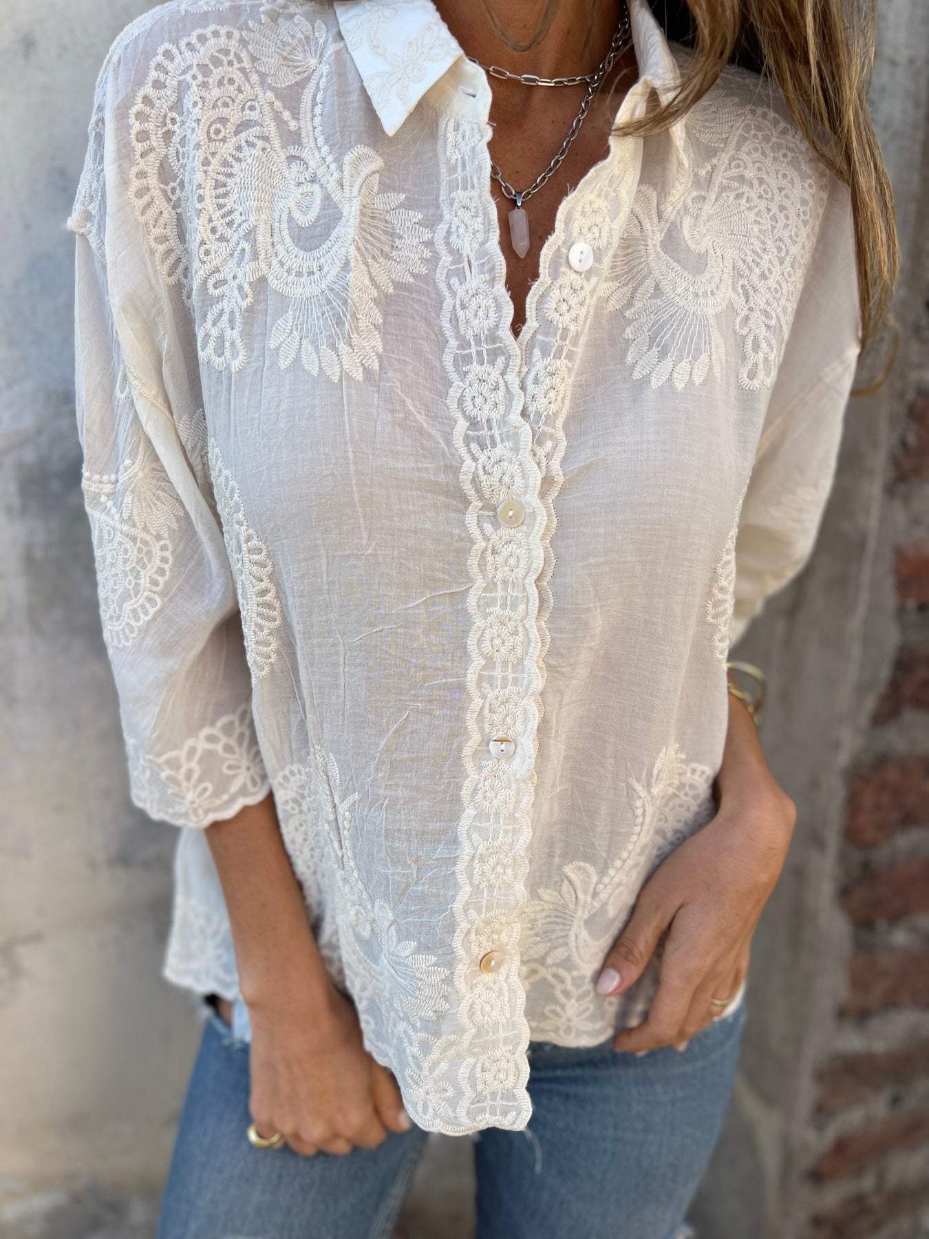 Women's Lapel Mid-sleeve Embroidered Cotton and Linen Top