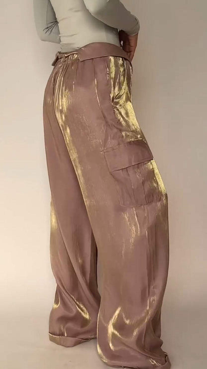 Double-pocket Satin Floor-length Trousers