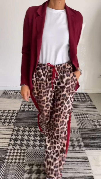 Women's Solid Color Suit Jacket Leopard Pant Suit