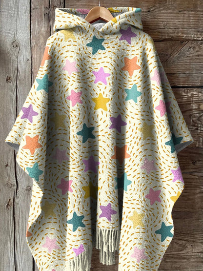 Lovely Cartoon Star Pattern Printed Women's Casual Knitted Blanket Poncho Hood Cape