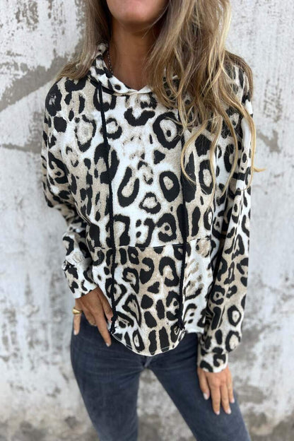 Women 's Leopard Print Hooded Long Sleeved Hoodie Top