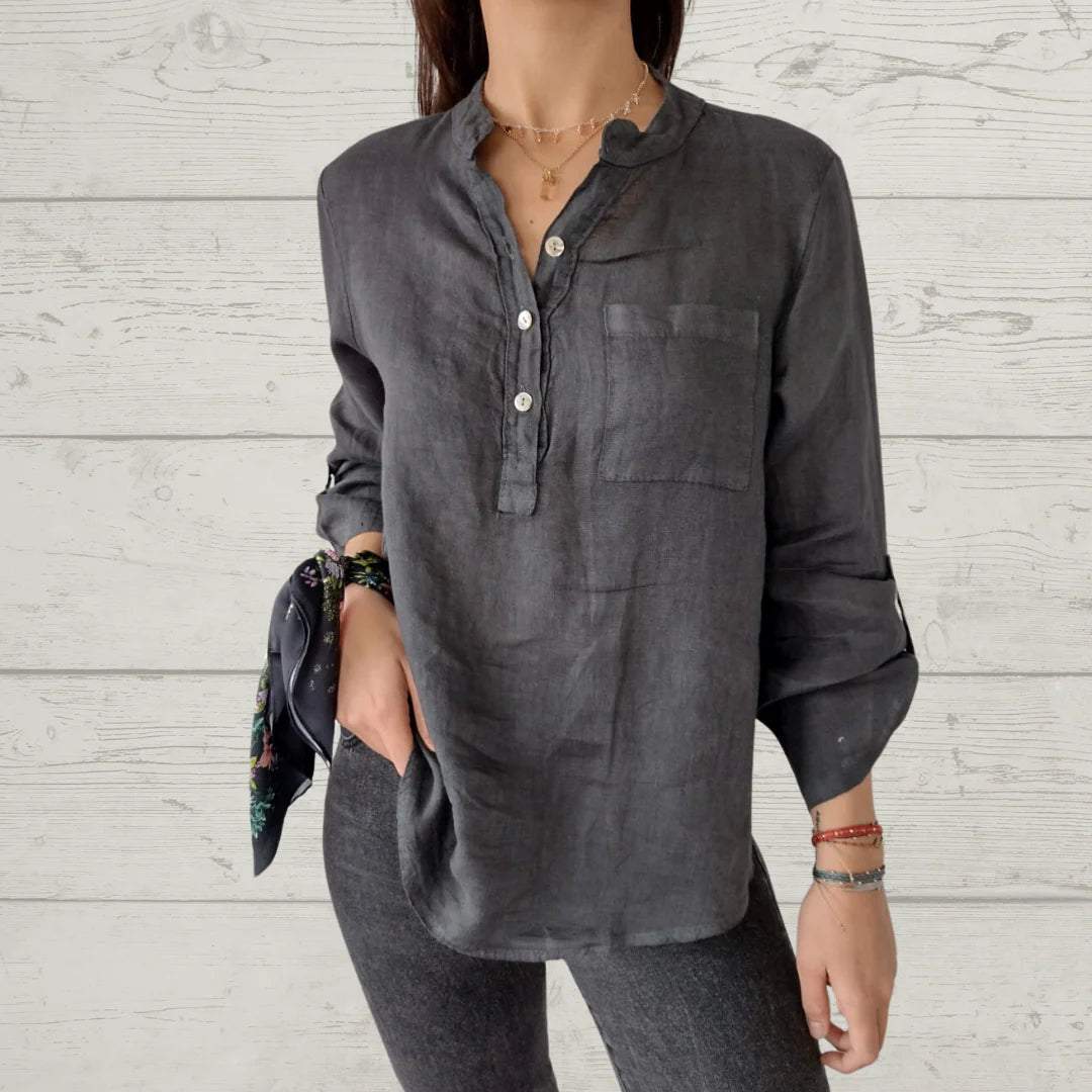 Women's V-neck Mid-sleeve Cotton and Linen Casual Top