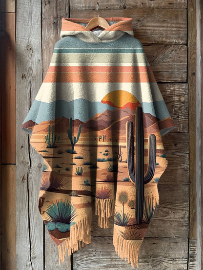 Western Desert Sunrise Oil Painting Art Printed Women's Casual Knitted Blanket Poncho Hood Cape