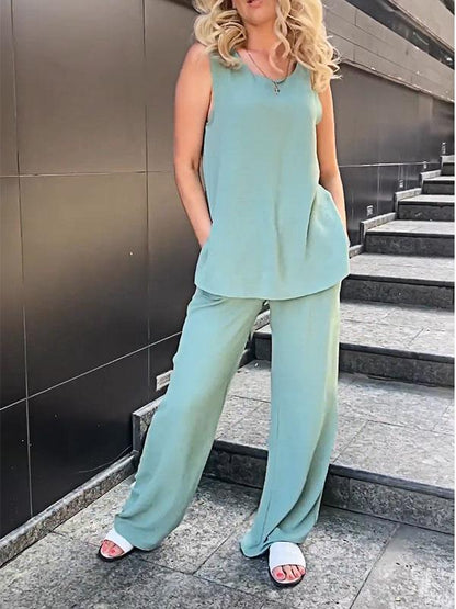 Women's Solid Color Chiffon Sleeveless Vest Top and Pants Two-piece Set