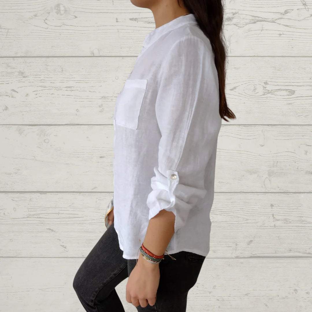 Women's V-neck Mid-sleeve Cotton and Linen Casual Top