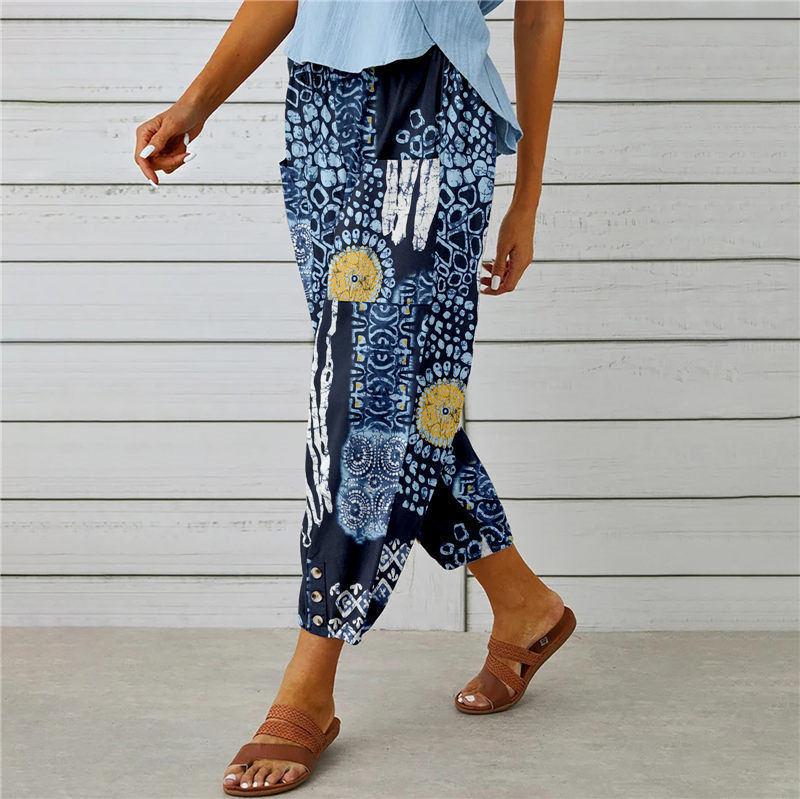 Cotton and Linen Drawstring Cropped Trousers with Retro Print