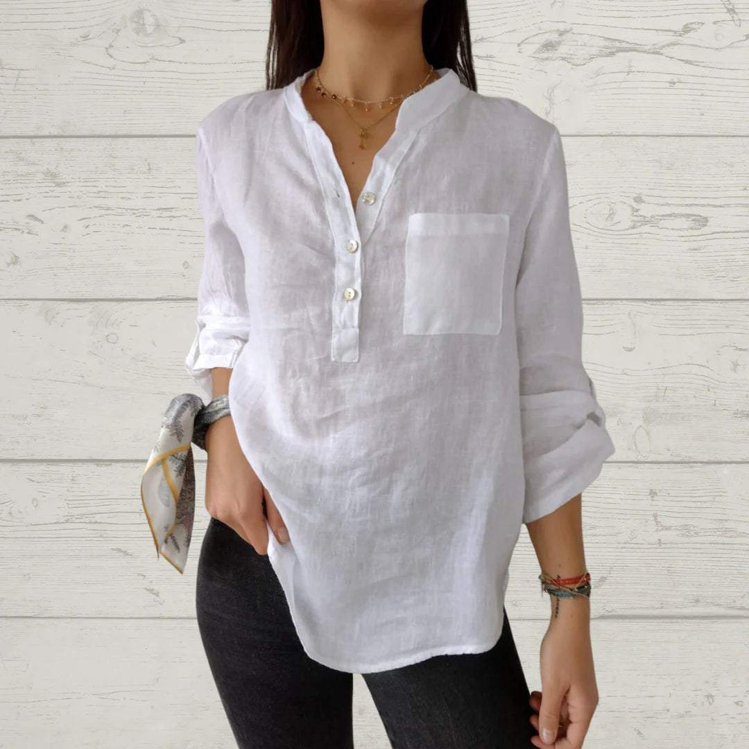 Women's V-neck Mid-sleeve Cotton and Linen Casual Top