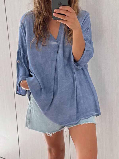 Women's V-neck Loose Cotton and Linen Top