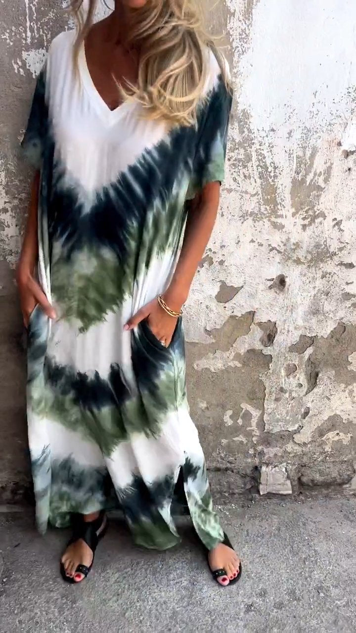 Tie-dye V-neck Long Comfortable Dress