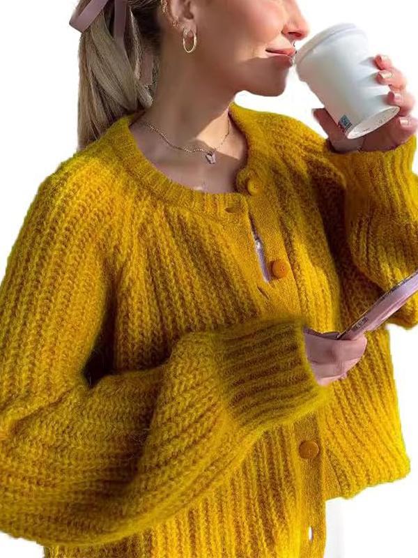 Women's Round Neck Single Breasted Solid Color Knitted Cardigan