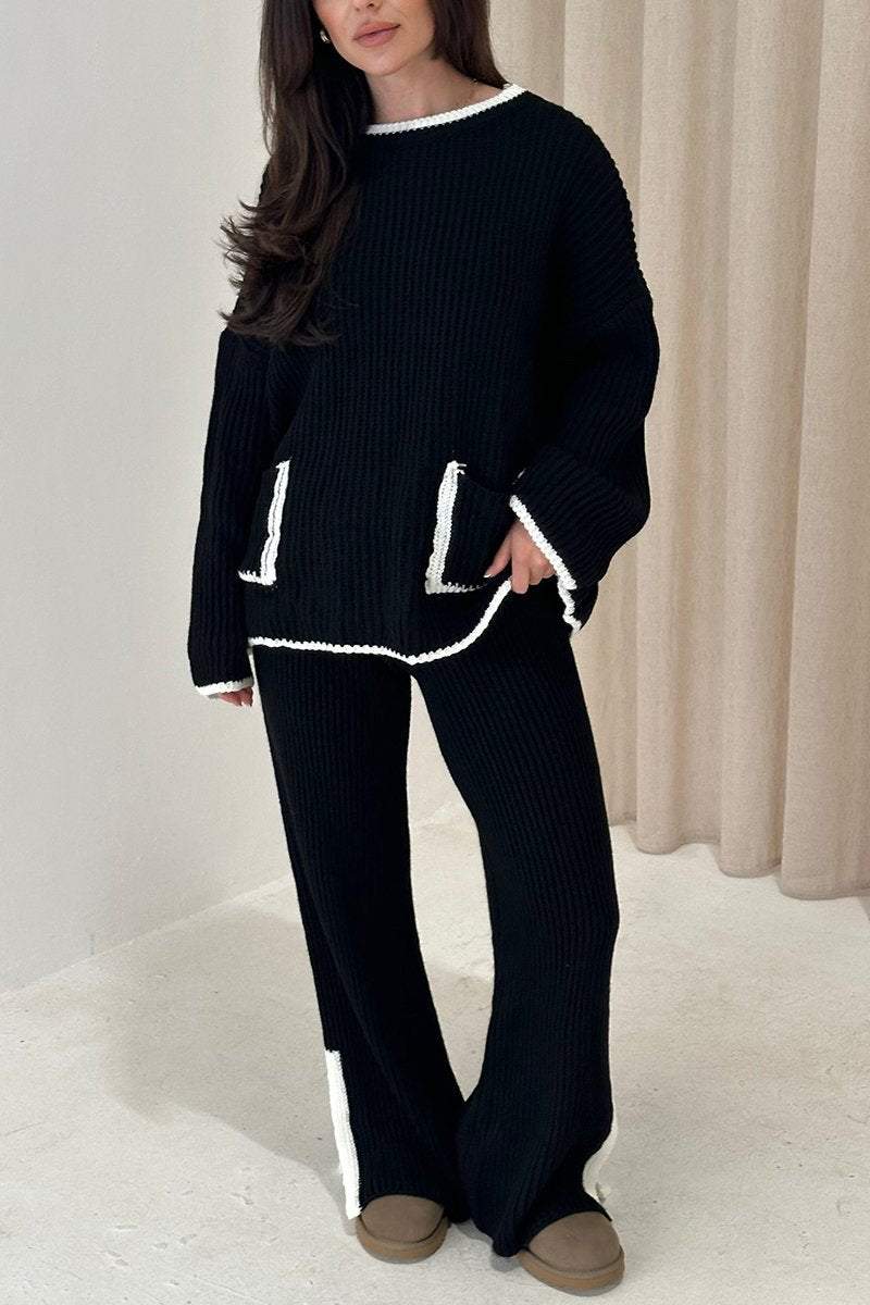 Women's Casual Contrast Pocket Knit Pants Suit