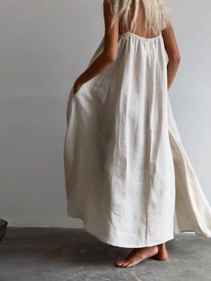 Solid Color Round Neck Cotton and Linen Dress