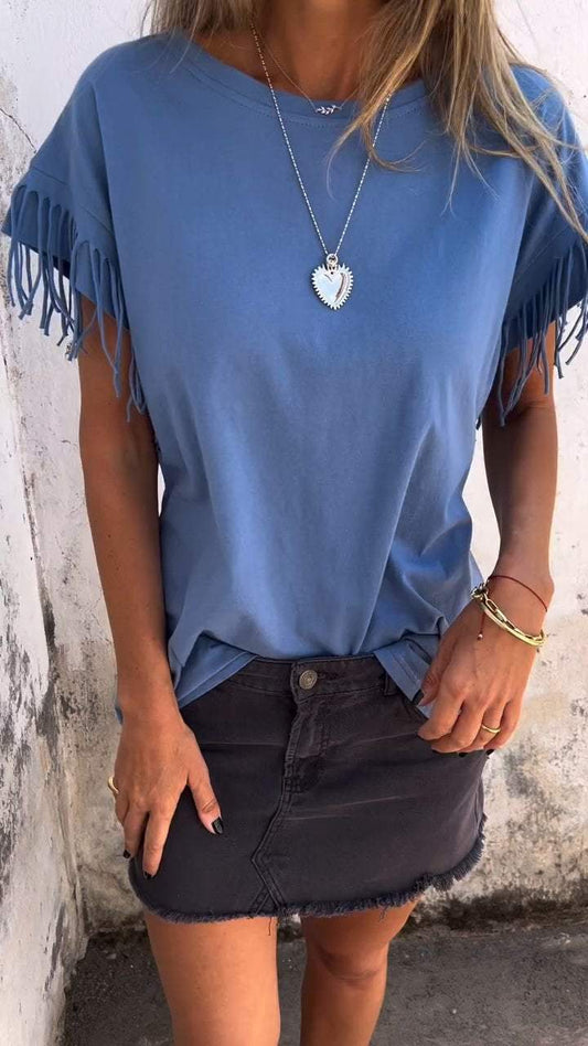 Women's Round Neck Tassel Short Sleeve Casual T-shirt