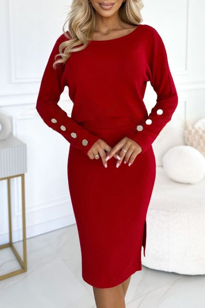 Women's Round Neck Long Sleeve Casual Button Design Dress Suit