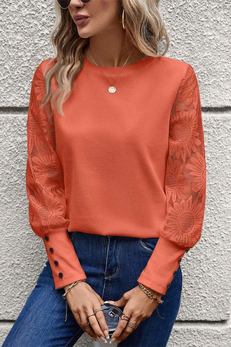 Women's Round Neck Knitted Lace Sleeve Patchwork Top