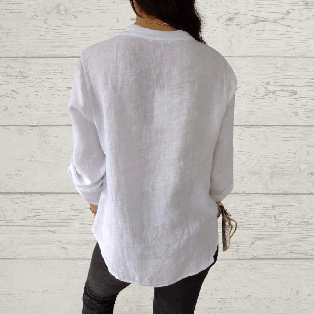 Women's V-neck Mid-sleeve Cotton and Linen Casual Top