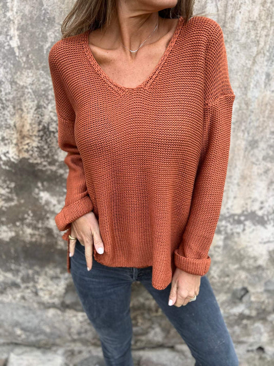 Women's V-neck Long-sleeved Casual Knitted Top