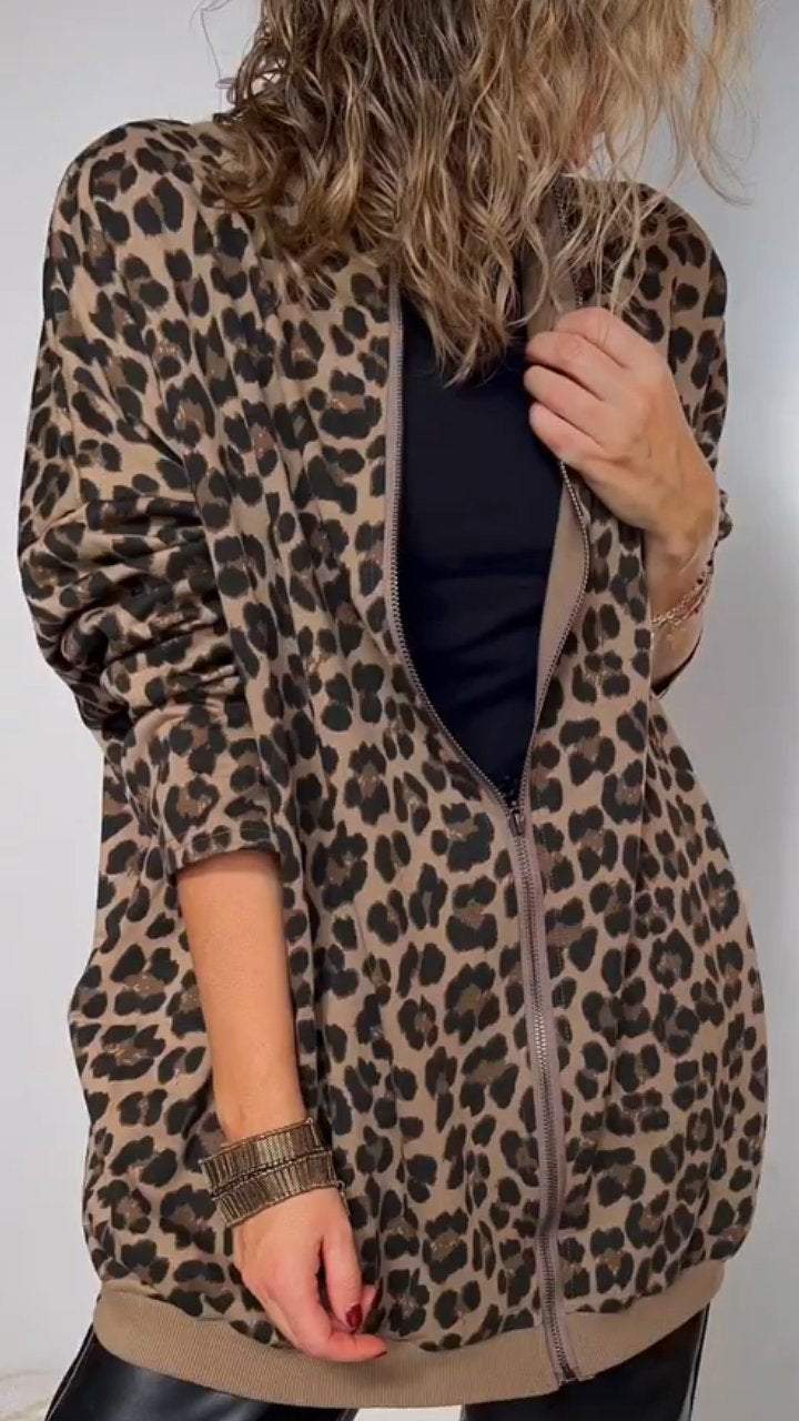 Women's Round Neck Leopard Print Zipper Casual Top