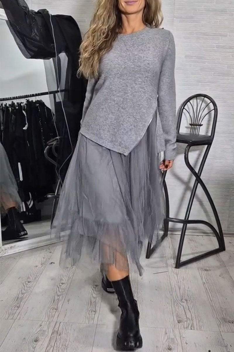 Women's Round Neck Long Sleeve Irregular Hem Top and Gauze Skirt Two-piece Set