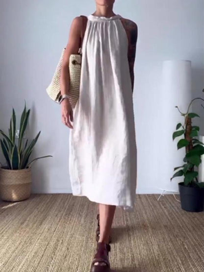 Solid color off-shoulder cotton and linen dress