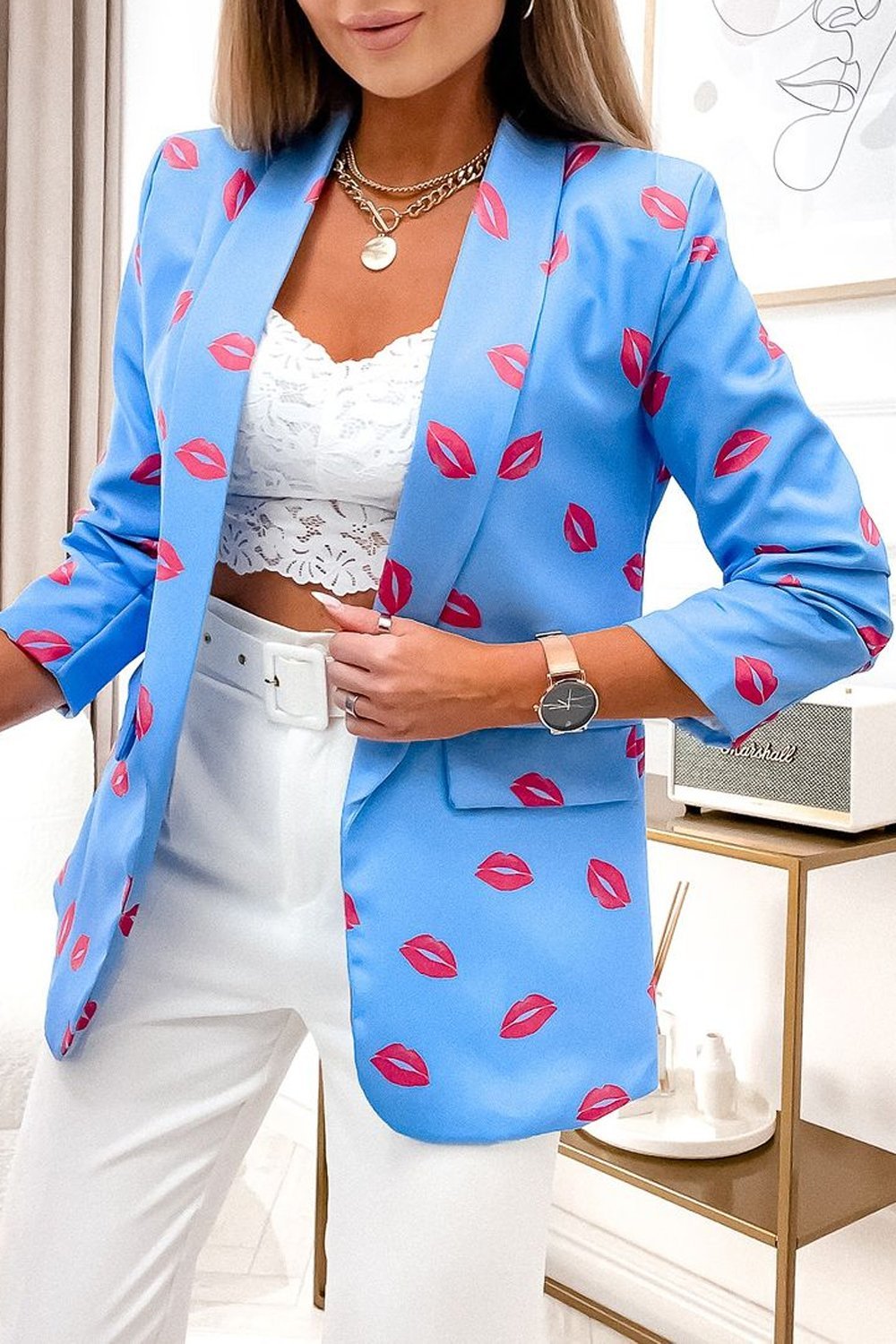 Women's Lips Printed Casual Blazer Tops