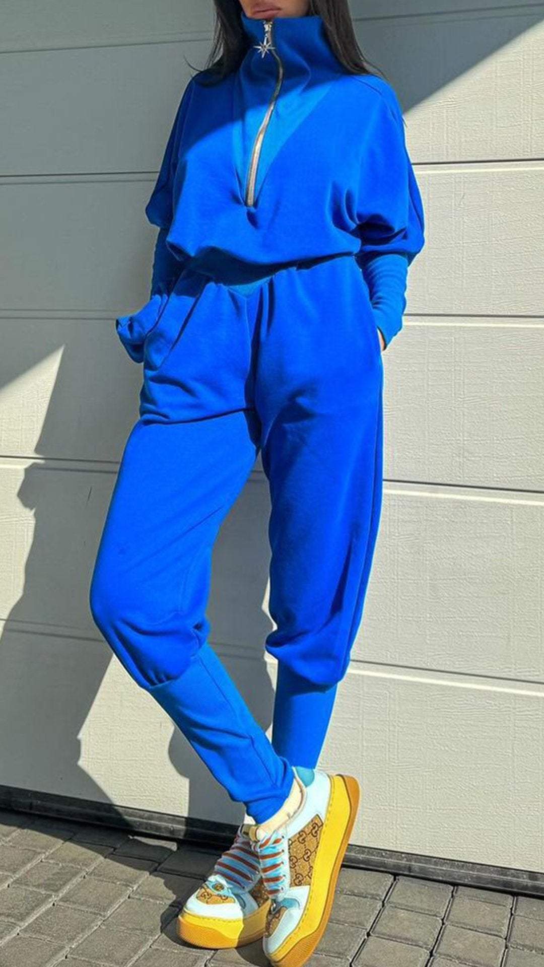 Ladies Lapel Half Zipper Long Sleeve Jumpsuit