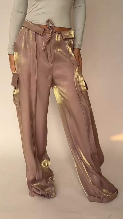 Double-pocket Satin Floor-length Trousers