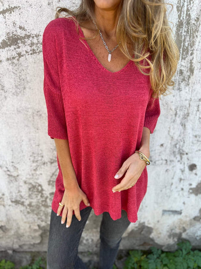 Women's V-neck Mid-sleeve Knitted Casual Top