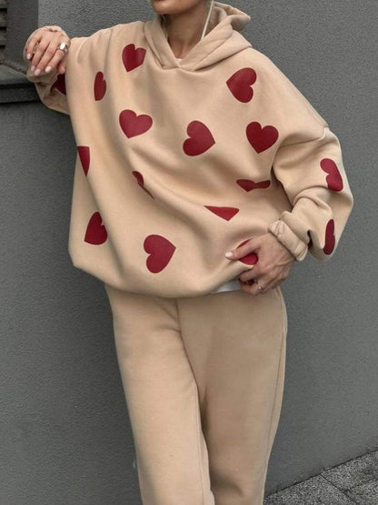 Women's Casual Heart Print Hooded Pants Set