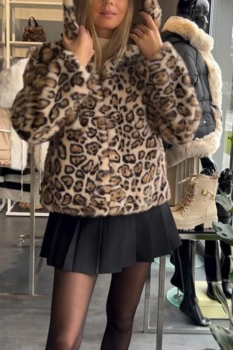 Women's Casual Hooded Leopard Fur Coat