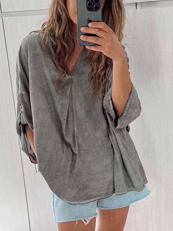 Women's V-neck Loose Cotton and Linen Top