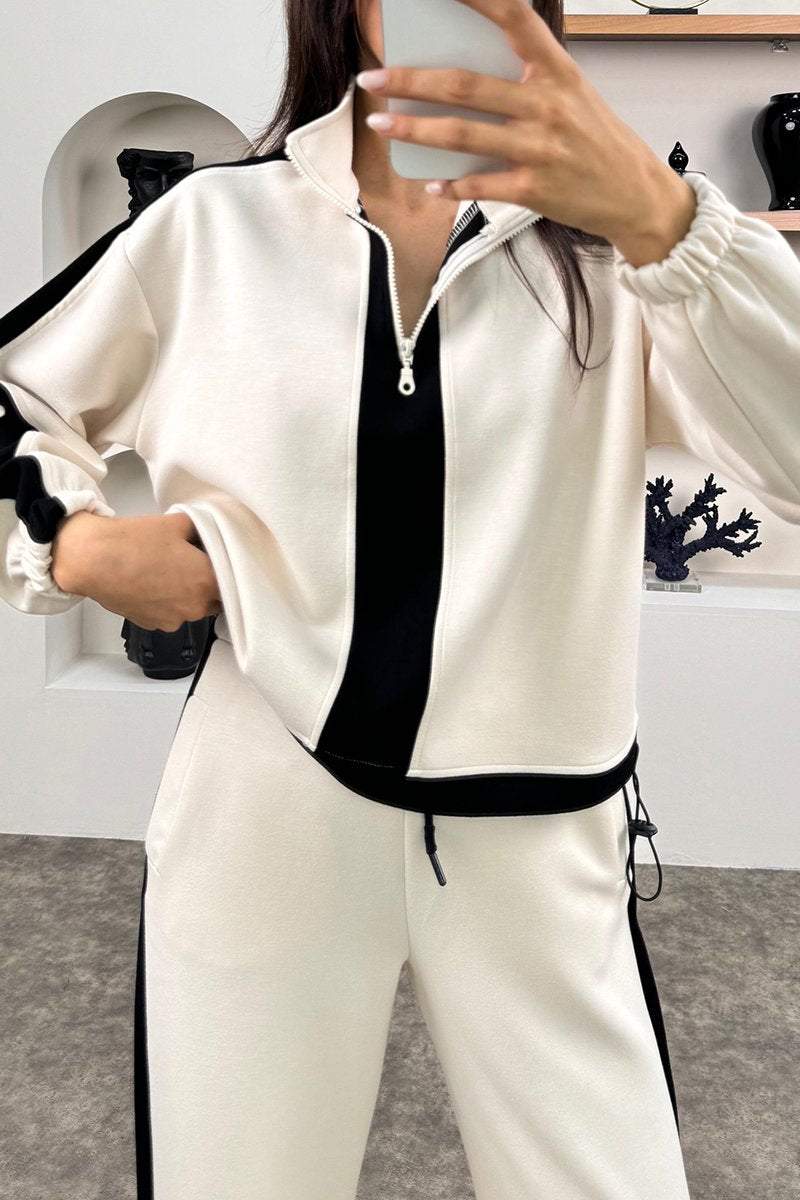 Women's Casual Contrast Color Zip Pants Suit