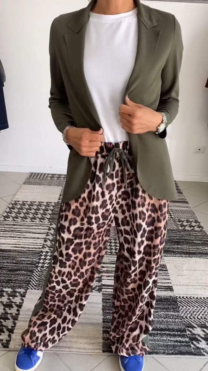 Women's Solid Color Suit Jacket Leopard Pant Suit