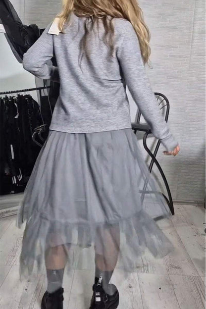 Women's Round Neck Long Sleeve Irregular Hem Top and Gauze Skirt Two-piece Set