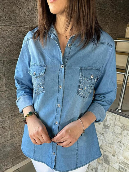 Denim pocket rhinestone jacket