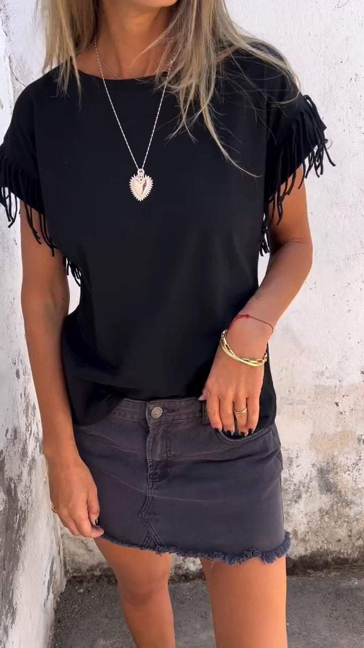 Women's Round Neck Tassel Short Sleeve Casual T-shirt